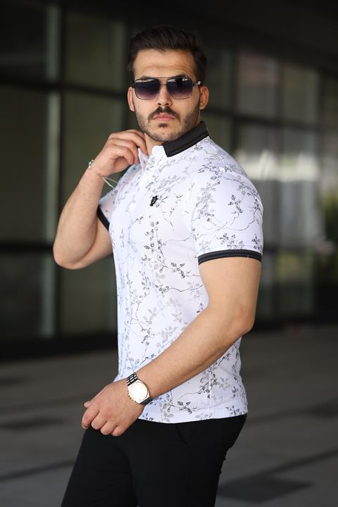 Erkek Beyaz Siyah Yaprak Desenli Slim Fit Polo Yaka Tişört - 2529