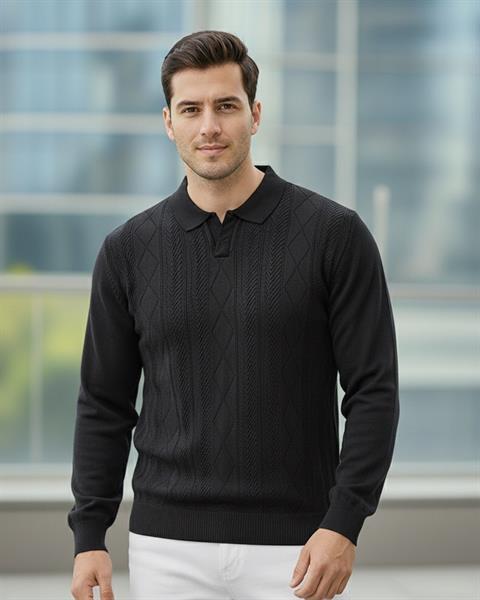 Erkek Siyah Polo Yaka Desenli Triko Kazak - 2538