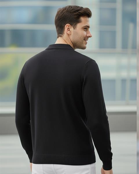 Erkek Siyah Polo Yaka Desenli Triko Kazak - 2538