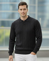 Erkek Siyah Polo Yaka Desenli Triko Kazak - 2538