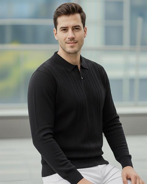 Erkek Siyah Polo Yaka Desenli Triko Kazak - 2538