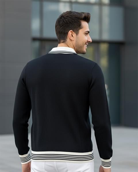 Erkek Siyah Polo Yaka Fermuarlı Triko Kazak - 2539