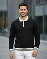Erkek Siyah Polo Yaka Fermuarlı Triko Kazak - 2539