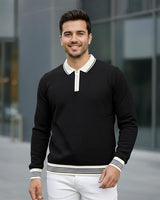 Erkek Siyah Polo Yaka Fermuarlı Triko Kazak - 2539