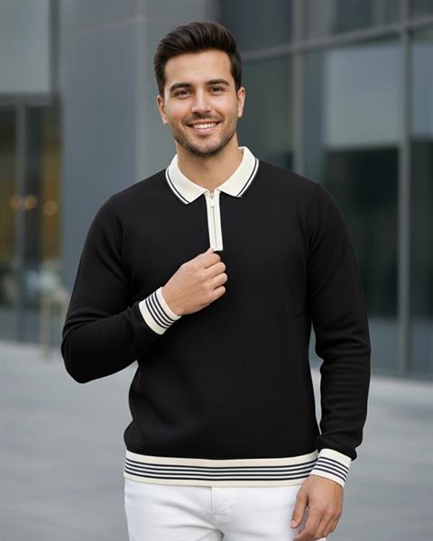 Erkek Siyah Polo Yaka Fermuarlı Triko Kazak - 2539