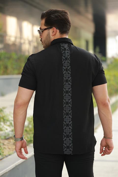 Erkek Siyah Sırtı Desen Detaylı Keten Gömlek - Kısa Kollu - 2535