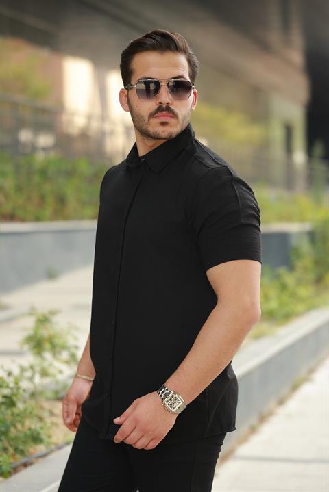 Erkek Siyah Sırtı Desen Detaylı Keten Gömlek - Kısa Kollu - 2535