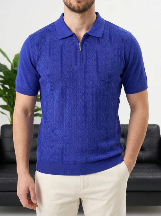 Erkek Mavi Desenli Yarım Fermuarlı Polo Yaka Triko - MRN2647