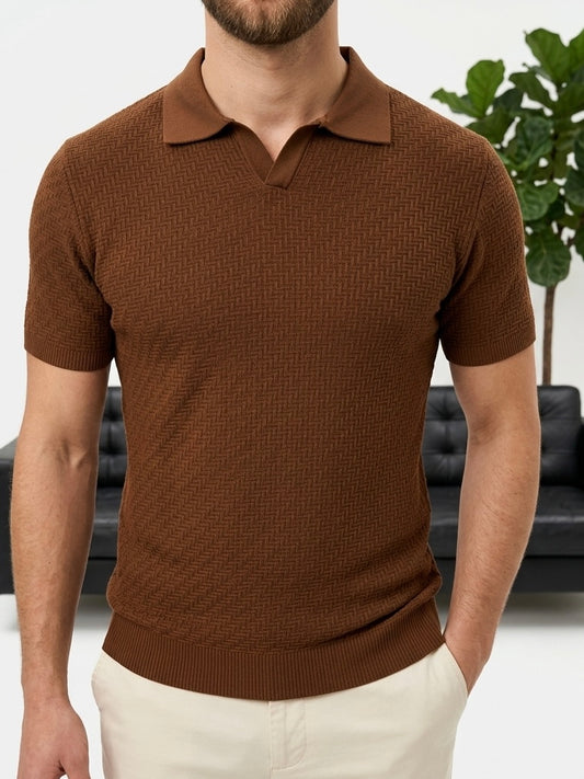 Erkek Kahve Polo Yaka Desenli Triko Tişört - MRN2676