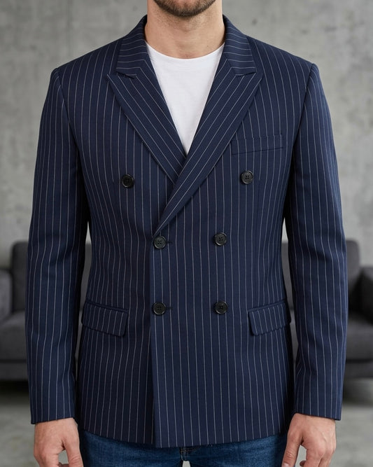 Erkek Lacivert Çizgili Kruvaze Blazer Ceket - MRN2634