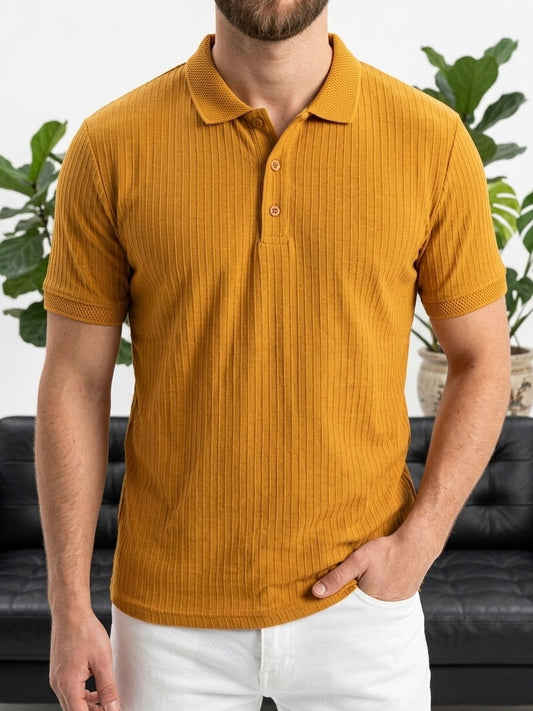 Erkek Hardal Fitilli Triko Polo Yaka T-shirt - MRN26105