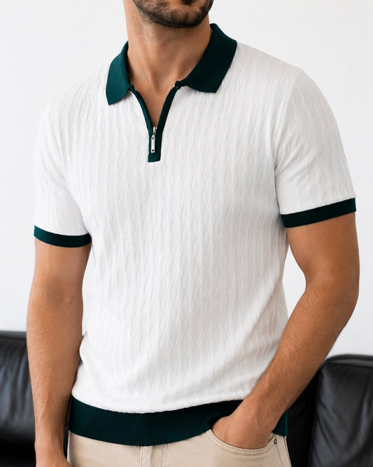 Erkek Beyaz Fermuar Yaka Desenli Triko Polo Tişört - MRN2684