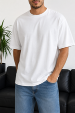 Erkek Beyaz Oversize Basic Bisiklet Yaka Tişört - MRN2691