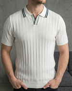 Erkek Beyaz Dikey Dokulu Triko Polo Yaka Tişört - MRN2602