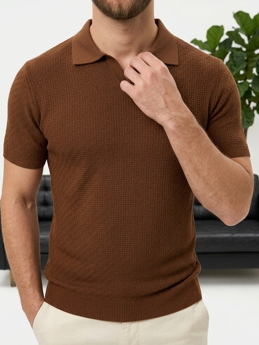 Erkek Kahve Polo Yaka Desenli Triko Tişört - MRN2676
