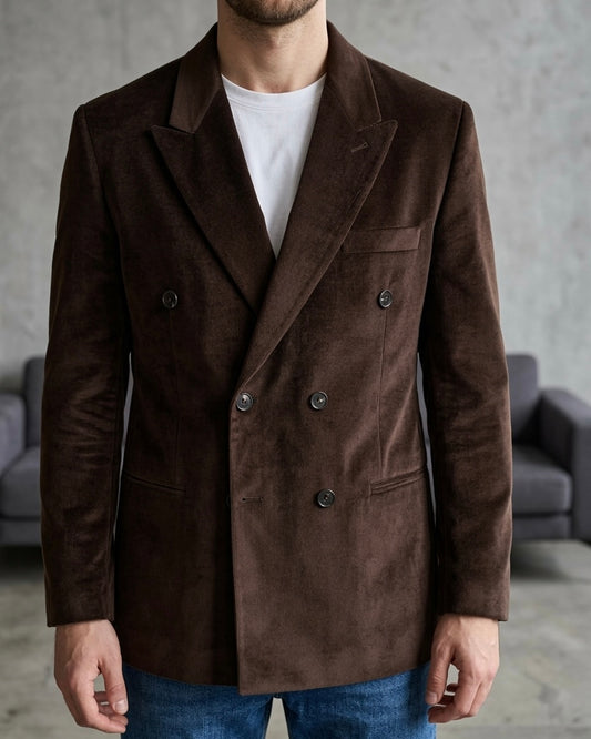 Erkek Kahverengi Fitilli Kadife Kruvaze Blazer Ceket - MRN2635