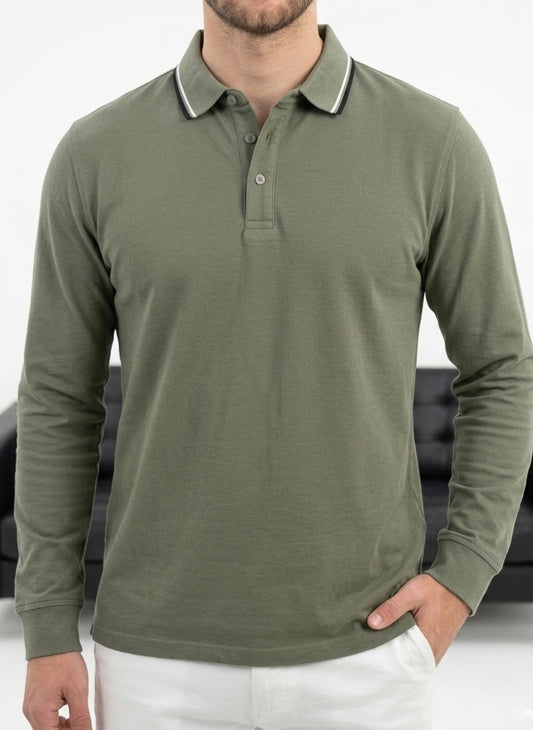 Erkek Haki Polo Yaka Uzun Kollu T-shirt - MRN2600