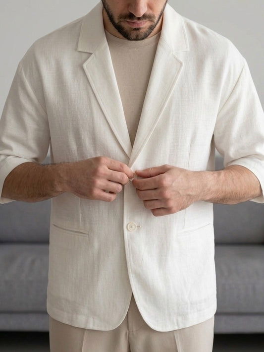 Erkek Ekru Kısa Kollu Keten Blazer Ceket - MRN2615