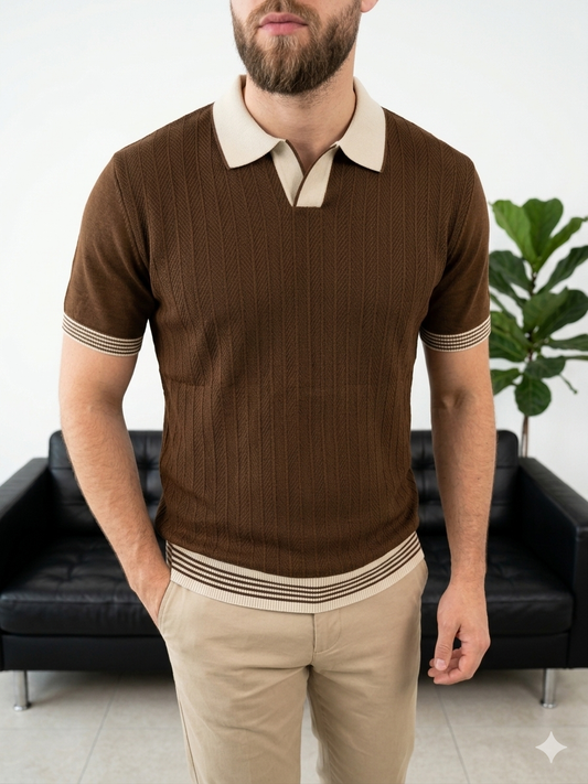 Erkek Kahve Polo Yaka Dokulu Triko T-shirt - MRN2675