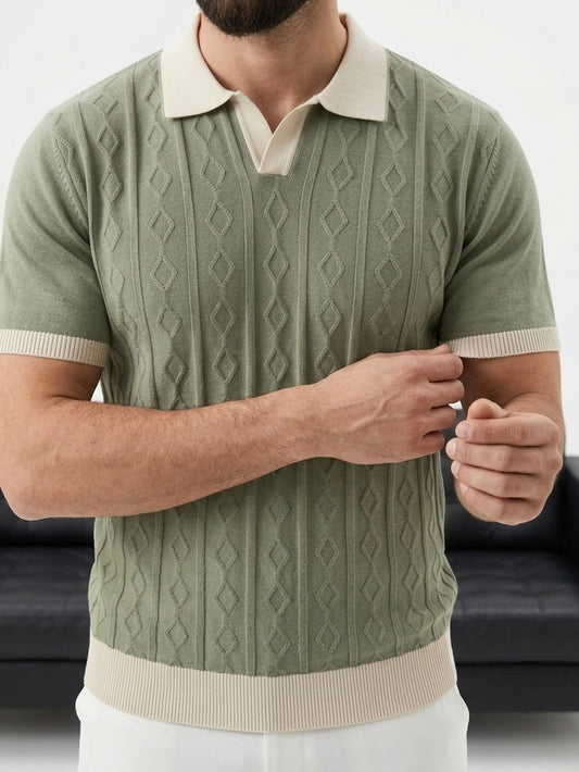 Erkek Yeşil Desenli Triko Polo Yaka Tişört - MRN2681