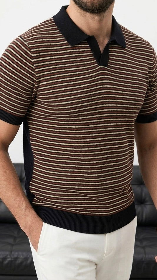 Erkek Kiremit Bej Siyah Çizgili Triko Polo Yaka Kısa Kollu Kazak - MRN2679