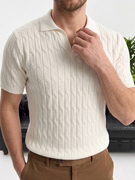 Erkek Ekru Dokulu Polo Yaka Triko T-shirt - MRN26107