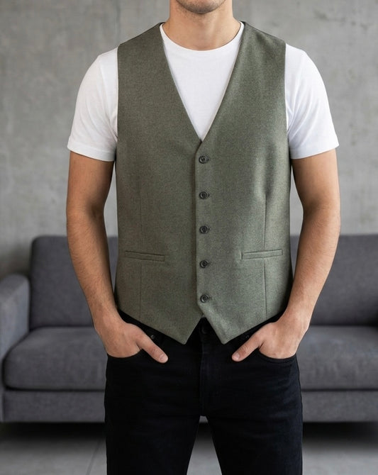 Erkek Haki Düğmeli Slim Fit Yelek - MRN2616