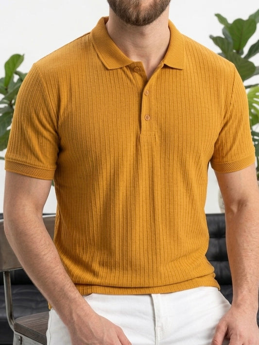 Erkek Hardal Fitilli Triko Polo Yaka T-shirt - MRN26105