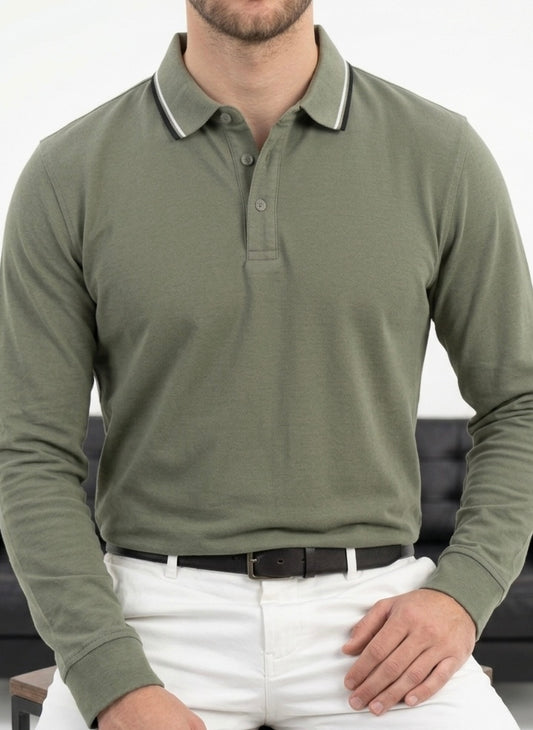 Erkek Haki Polo Yaka Uzun Kollu T-shirt - MRN2600