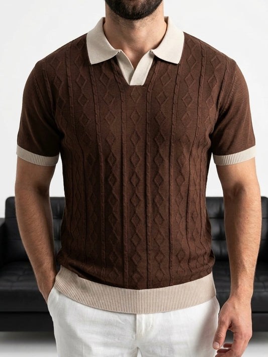 Erkek Kahve Desenli Triko Polo Yaka Tişört - MRN2681