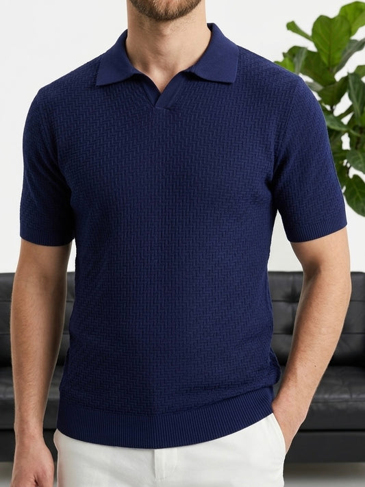 Erkek Lacivert Polo Yaka Desenli Triko Tişört - MRN2676