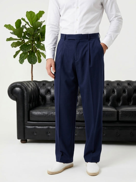 Erkek Lacivert Çift Pileli Modern Kesim Kumaş Pantolon - MRN26108