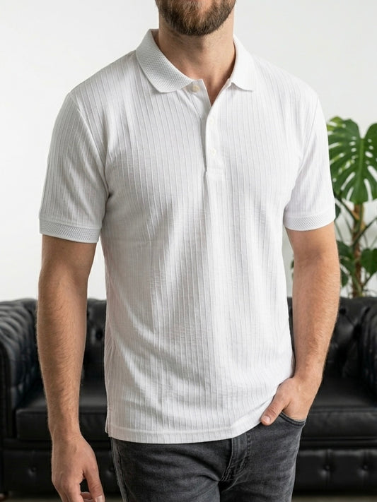 Erkek Beyaz Fitilli Triko Polo Yaka T-shirt - MRN26105