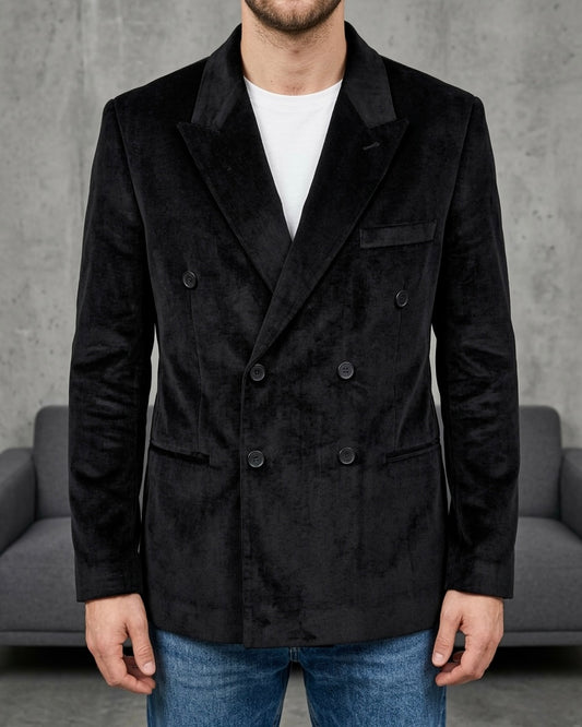 Erkek Siyah Fitilli Kadife Kruvaze Blazer Ceket - MRN2635