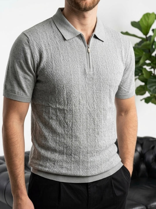 Erkek Gri Yarım Fermuarlı Polo Yaka Triko Tişört - MRN2643