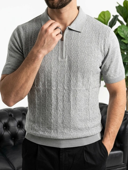 Erkek Gri Yarım Fermuarlı Polo Yaka Triko Tişört - MRN2643