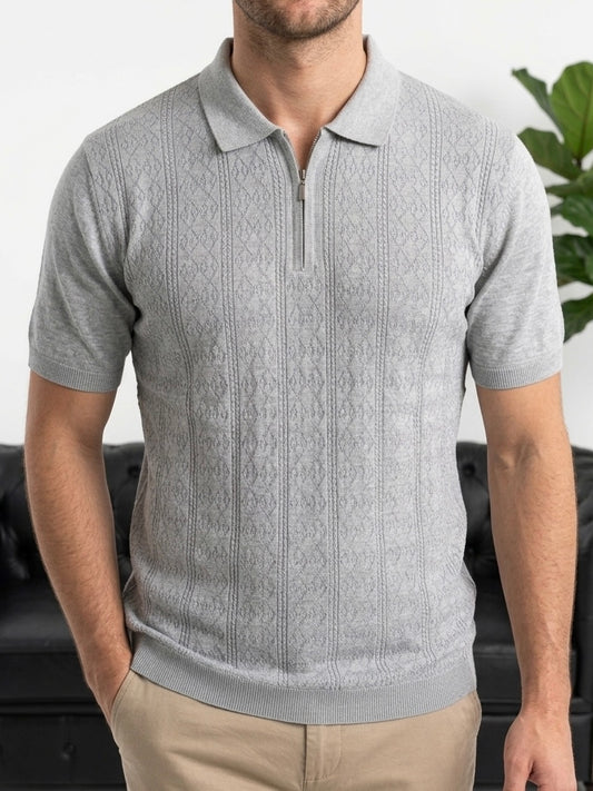 Erkek Gri Desenli Yarım Fermuarlı Polo Yaka Triko - MRN2647