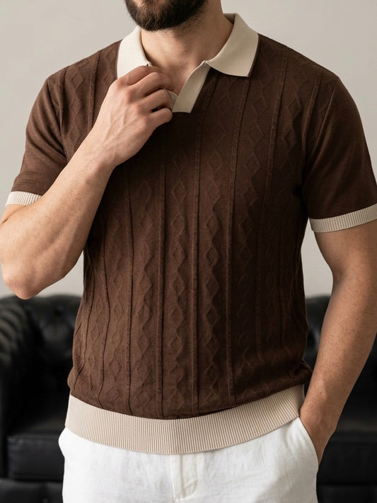 Erkek Kahve Desenli Triko Polo Yaka Tişört - MRN2681