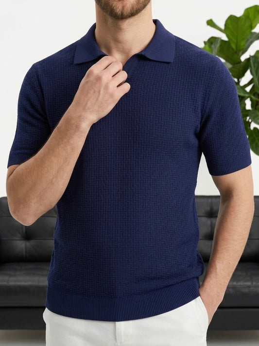 Erkek Lacivert Polo Yaka Desenli Triko Tişört - MRN2676
