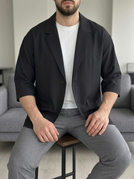 Erkek Siyah Kısa Kollu Keten Blazer Ceket - MRN2615
