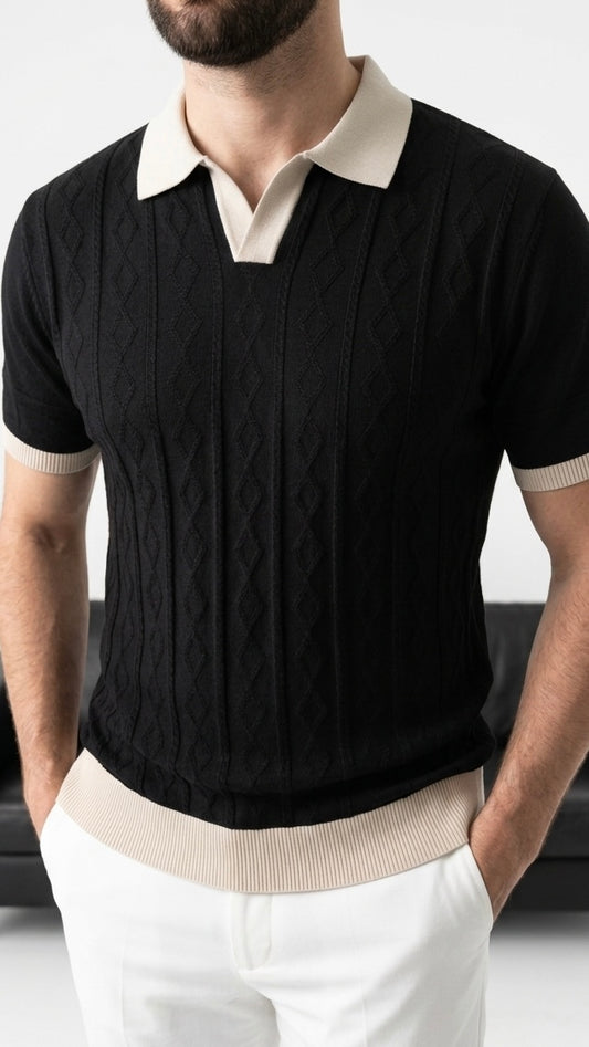 Erkek Siyah Desenli Triko Polo Yaka Tişört - MRN2681