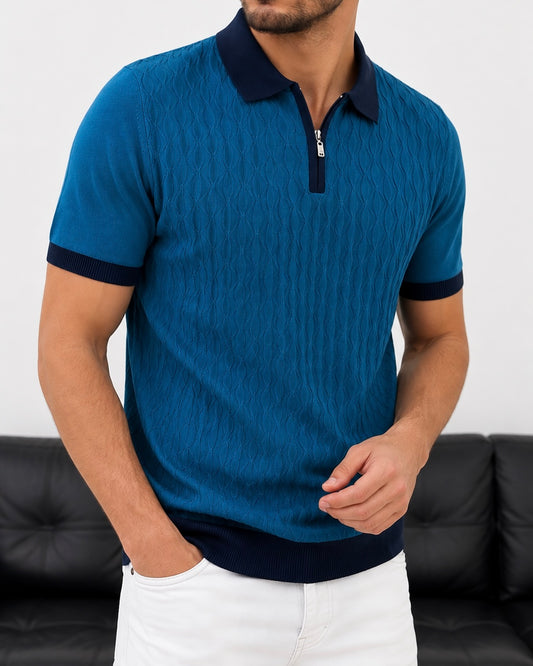 Erkek Mavi Fermuar Yaka Desenli Triko Polo Tişört - MRN2684