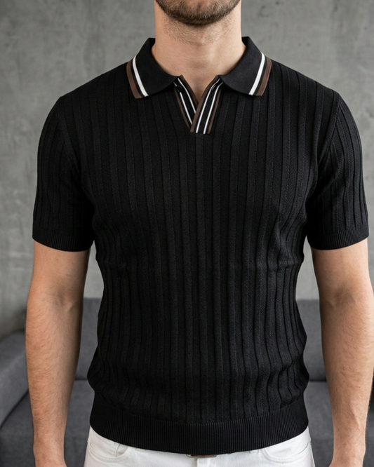 Erkek Siyah Dikey Dokulu Triko Polo Yaka Tişört - MRN2602