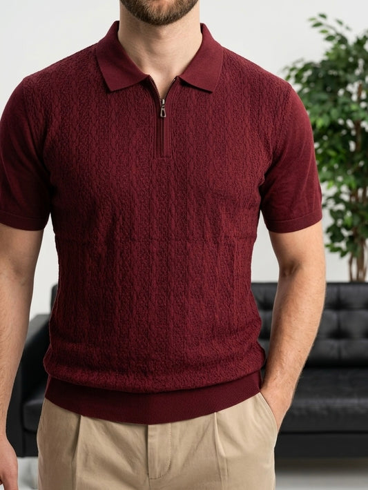 Erkek Bordo Yarım Fermuarlı Polo Yaka Triko Tişört - MRN2643