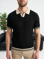 Erkek Siyah Polo Yaka Dokulu Triko T-shirt - MRN2675