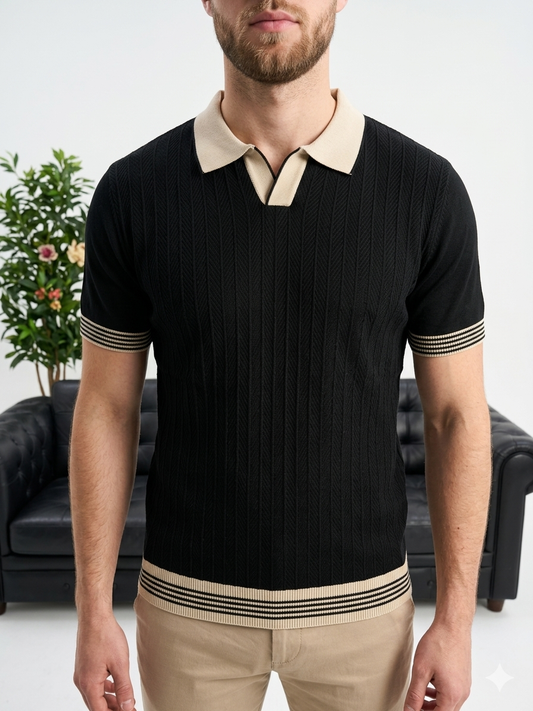 Erkek Siyah Polo Yaka Dokulu Triko T-shirt - MRN2675