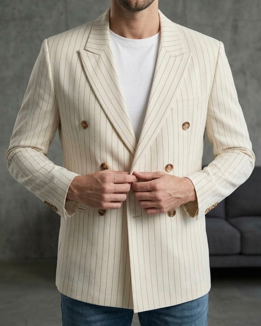 Erkek Krem Rengi Çizgili Kruvaze Blazer Ceket - MRN2634