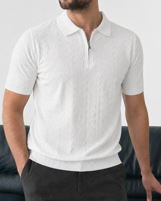 Erkek Beyaz Yarım Fermuarlı Polo Yaka Desenli Triko Tişört - MRN2678