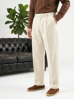 Erkek Ekru Çift Pileli Modern Kesim Kumaş Pantolon - - MRN26108