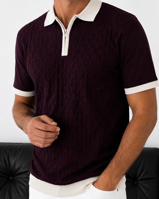 Erkek Bordo Fermuar Yaka Desenli Triko Polo Tişört - MRN2684